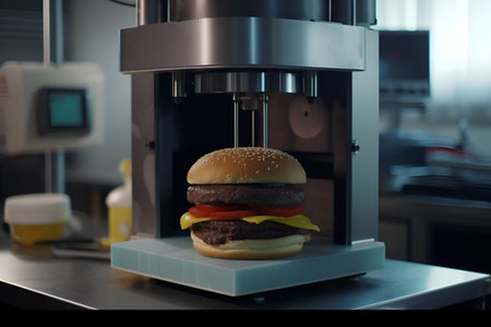 3D printer prints meat burger. Cooking device of the future for making food. home future technology. Realistic composition with process 3d printing of burger imitation. artificial intelligence generated.の素材
