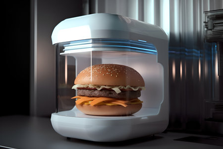 3D printer prints meat burger. Cooking device of the future for making food. home future technology. Realistic composition with process 3d printing of burger imitation. artificial intelligence generated.の素材