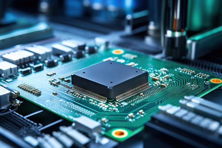Electronic circuit board close up. technology background. Central Computer Processors CPU concept. Motherboard digital microchips. tech background. integrated communication processor. Generative AI.の素材