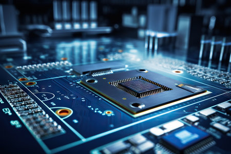 Electronic circuit board close up. technology background. Central Computer Processors CPU concept. Motherboard digital microchips. tech background. integrated communication processor. Generative AI.の素材