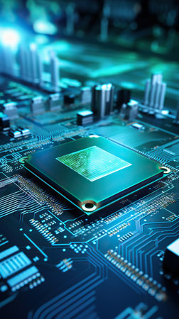 Electronic circuit board close up. technology background. Central Computer Processors CPU concept. Motherboard digital microchips. tech background. integrated communication processor. Generative AI.の素材