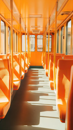 Bus interior with empty orange seats. Row of seats inside tourist bus. Public city transport. Empty city tram salon. Public land transport. Generative ai.の素材