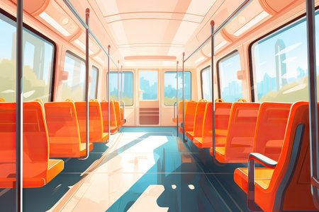 Bus interior with empty orange seats. Row of seats inside tourist bus. Public city transport. Empty city tram salon. Public land transport. Generative ai.の素材