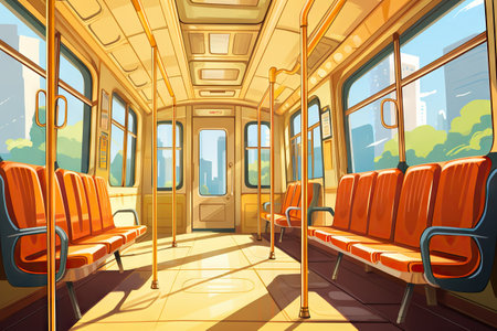 Bus interior with empty orange seats. Row of seats inside tourist bus. Public city transport. Empty city tram salon. Public land transport. Generative ai.の素材