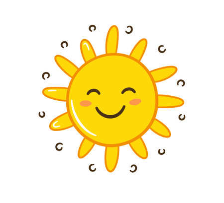Doodle sun icon. Hand drawn smile yellow sun with rays symbol. Doodle children drawing. Hand drawn star character. Hot weather sign. Vector illustration isolated on white background.のイラスト素材