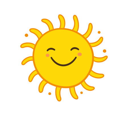 Doodle sun icon. Hand drawn smile yellow sun with rays symbol. Doodle children drawing. Hand drawn star character. Hot weather sign. Vector illustration isolated on white background.のイラスト素材