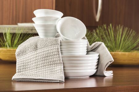 Gourmet Bowl Set Restaurant White and Woodの写真素材