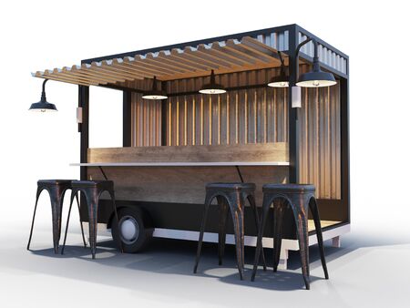 Trailer food truck Mockup, vintage hot dog marketの写真素材