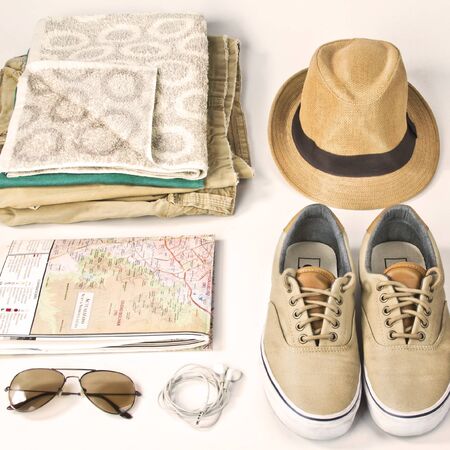 Overhead view of Traveler's accessories, Essential vacation items, Travel concept backgroundの写真素材