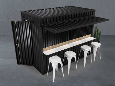 Beautifully converted shipping container in the into modern cafe bar restaurant, 3d rendering, mockup.の写真素材