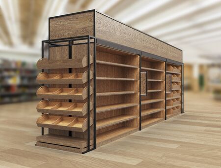 Bakery and Bread Display, Wood Slat Gondola Shelving Kit. 3d rendering.の写真素材
