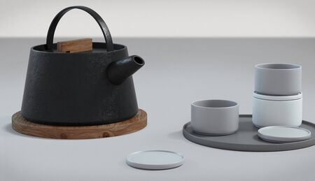 Modern black cast iron teapot and tea cups and a minimalist table. side view, set for tea time. 3d rendering.の写真素材