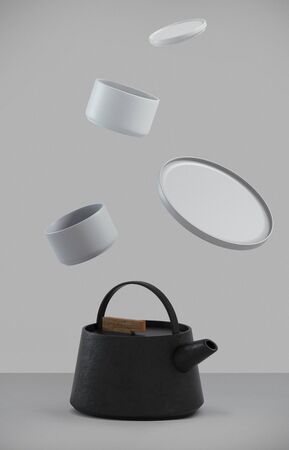 Modern black cast iron teapot with levitation cups, artistic background set, art set for tea time. 3d rendering.の写真素材