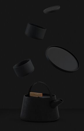 Modern black cast iron teapot with levitation cups, artistic background set, art set for tea time. 3d rendering.の写真素材
