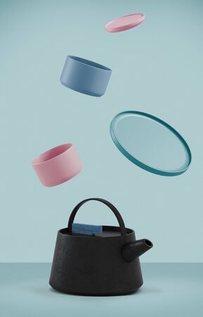 Modern black cast iron teapot with levitation cups, artistic background set, art set for tea time. 3d rendering.の写真素材