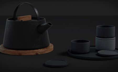 Modern black cast iron teapot and tea cups and a black minimalist table. side view, set for tea time. 3d rendering.の写真素材