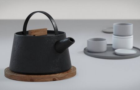 Modern black cast iron teapot and tea cups and a minimalist table white. side view, set for tea time. 3d rendering.の写真素材