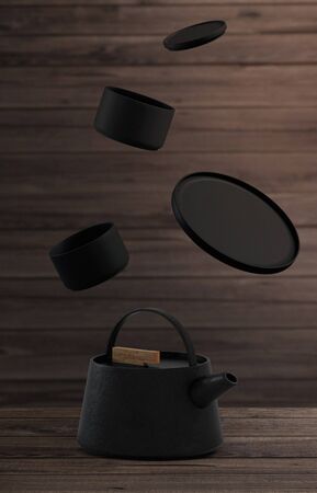 Modern black cast iron teapot with levitation cups, artistic wood background set, art set for tea time. 3d rendering.の写真素材