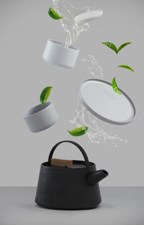 Modern black cast iron teapot with levitation cups, leaf tea and water, artistic background set, art set for tea time. 3d rendering.の写真素材