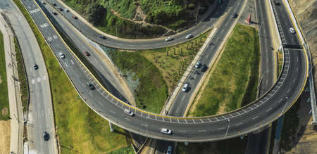 Aerial view of Armendariz downhill, Miraflores town and the Costa Verde reef in Lima, Peru.の写真素材