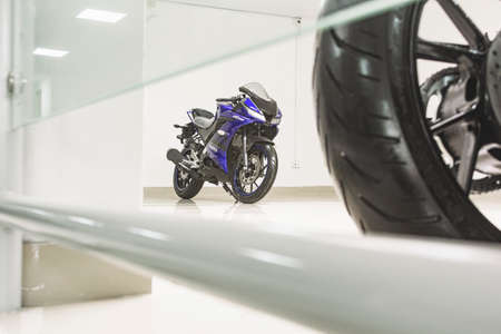 Lima, Peru - September 22, 2022: Motorcycles in the showroom Yamaha shop. New motorbikes and accessories in motorcycle store.のeditorial素材