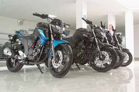 Lima, Peru - September 22, 2022: Motorcycles in the showroom Yamaha shop. New motorbikes and accessories in motorcycle store.のeditorial素材