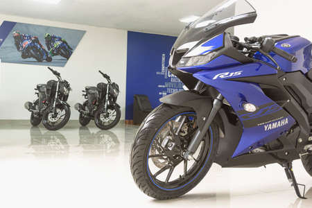 Lima, Peru - September 22, 2022: Motorcycles in the showroom Yamaha shop. New motorbikes and accessories in motorcycle store.のeditorial素材