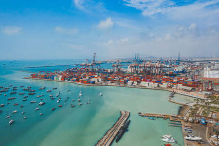 Aerial view container ship carrying container in import export business logistic and transportation of international by container ship in the open sea, with copy space.のeditorial素材