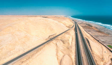 Panamericana road with Pacific ocean, aerial view panamericana in CaÃ±ete, Peru.の写真素材