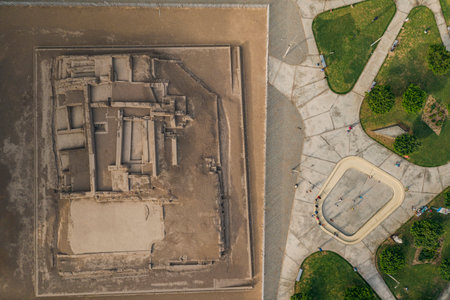Lima, Peru - February 05, 2021: Aerial view of Huaca archeological site in San Miguel disctrict....