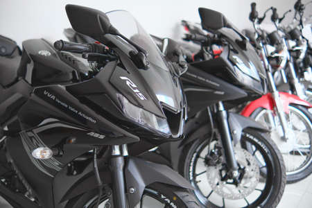 Motorcycles in the showroom Yamaha shop. Store motorcycle, professional tools, selective focus.