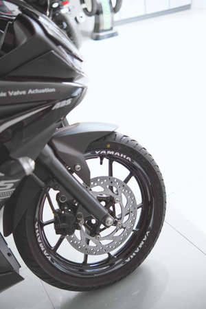 Motorcycles in the showroom Yamaha shop. Store motorcycle, professional tools, selective focus.