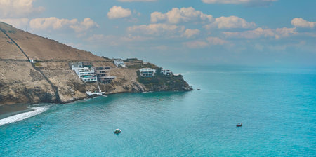 Aerial view of the bay, marina and buildings of Ancon - Lima, Peru; Summer area, The beach and some exterior buildings in Ancon.の写真素材