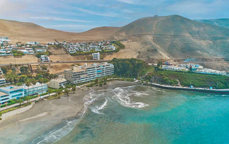 Aerial view of the bay, marina and buildings of Ancon - Lima, Peru; Summer area, The beach and some exterior buildings in Ancon.の写真素材