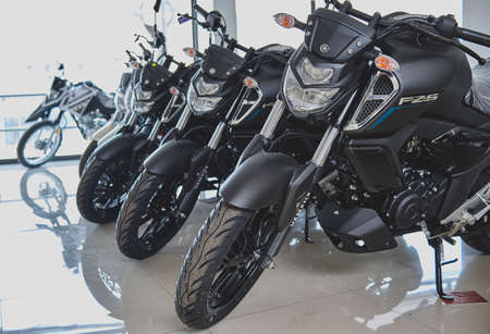 Yamaha FZS 3.0 Motorcycle in the showroom shop, close up, Motorbikes store.のeditorial素材