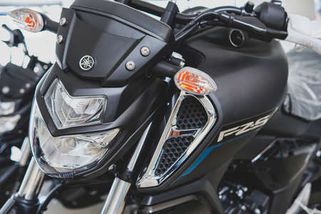 Yamaha FZS 3.0 Motorcycle in the showroom shop, close up, Motorbikes store.のeditorial素材