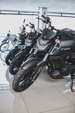 Yamaha FZS 3.0 Motorcycle in the showroom shop, close up, Motorbikes store.のeditorial素材