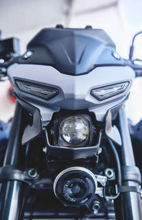 Lima, Peru - May 15, 2021: Yamaha motorcycle shop, Yamaha MT03 abs, Motorcycles in the showroom Yamaha shop. Store motorcycle, professional tools, selective focus.のeditorial素材