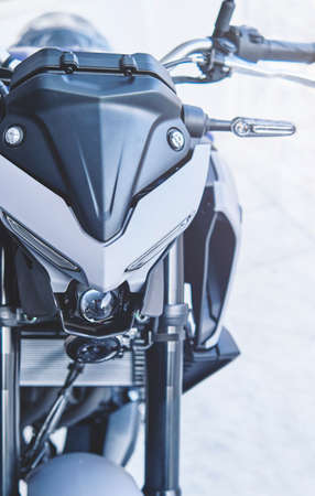 Lima, Peru - May 15, 2021: Yamaha motorcycle shop, Yamaha MT03 abs, Motorcycles in the showroom Yamaha shop. Store motorcycle, professional tools, selective focus.のeditorial素材
