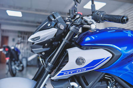 Lima, Peru - May 15, 2021: Yamaha motorcycle shop, Yamaha MT03 abs, Motorcycles in the showroom...