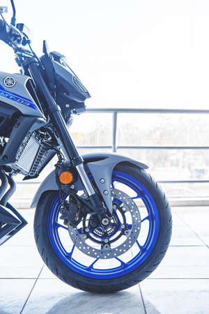 Lima, Peru - May 15, 2021: Yamaha motorcycle shop, Yamaha MT03 abs, Motorcycles in the showroom Yamaha shop. Store motorcycle, professional tools, selective focus.のeditorial素材