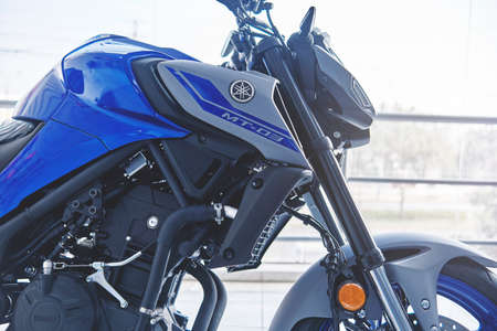 Lima, Peru - May 15, 2021: Yamaha motorcycle shop, Yamaha MT03 abs, Motorcycles in the showroom Yamaha shop. Store motorcycle, professional tools, selective focus.のeditorial素材
