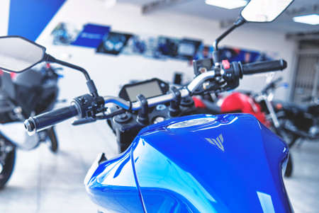 Lima, Peru - May 15, 2021: Yamaha motorcycle shop, Yamaha MT03 abs, Motorcycles in the showroom...