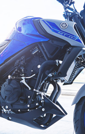 Lima, Peru - May 15, 2021: Yamaha motorcycle shop, Yamaha MT03 abs, Motorcycles in the showroom Yamaha shop. Store motorcycle, professional tools, selective focus.のeditorial素材