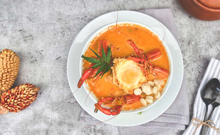 Peruvian Food: Prawns soup, called "Chupe de Camarones", top view. Selective focusの写真素材