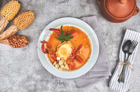Peruvian Food: Prawns soup, called "Chupe de Camarones", top view. Selective focusの写真素材