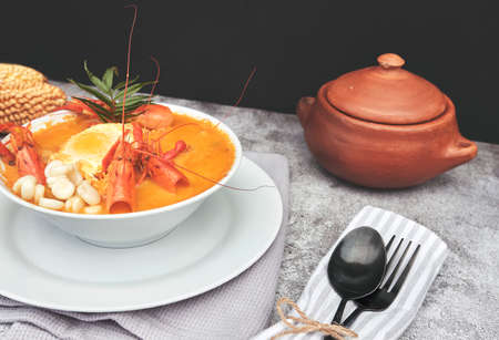 Peruvian Food: Prawns soup, called "Chupe de Camarones", top view. Selective focusの写真素材