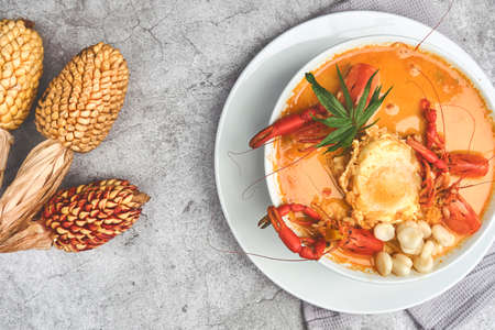 Peruvian Food: Prawns soup, called "Chupe de Camarones", top view. Selective focusの写真素材