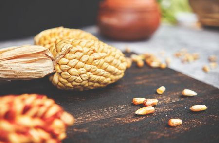 Peruvian food: Serrano corn, Typical appetizer called Cancha. Mix of peruvian native variety of heirloom corns from local market in Cusco. Selective focusの写真素材