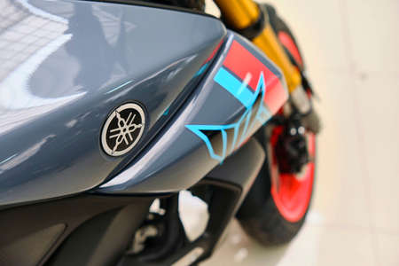 Lima, Peru - June 12, 2021: Motorcycles in the showroom Yamaha shop. New motorbikes and accessories in motorcycle store.のeditorial素材